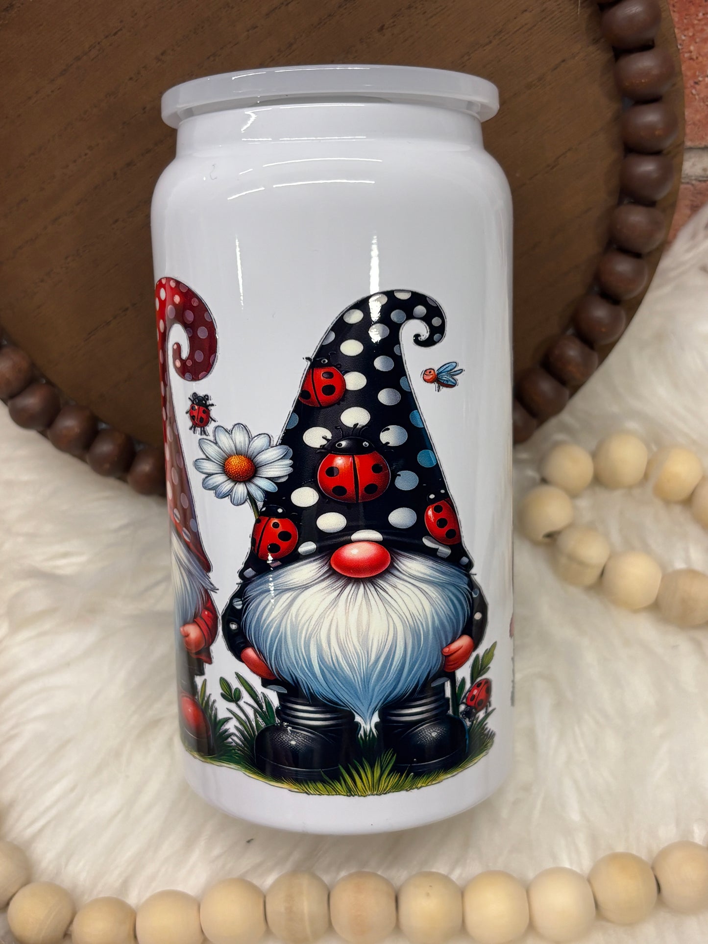 Lady Bug Gnomes, White, 16oz Stainless Steel Cup