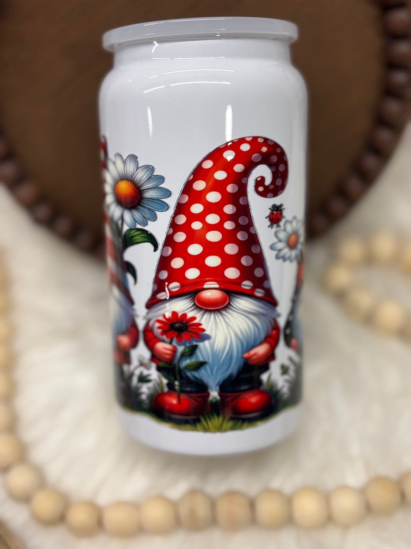 Lady Bug Gnomes, White, 16oz Stainless Steel Cup