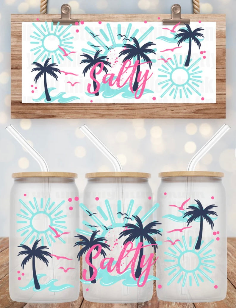 Salty Palm Trees Tumbler or Glass Can UV DTF wrap - MUST BUY CUP