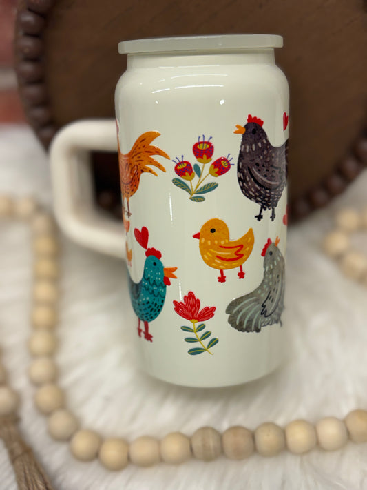 Chickens, Cream, 16oz Stainless Steel Cup with Handle