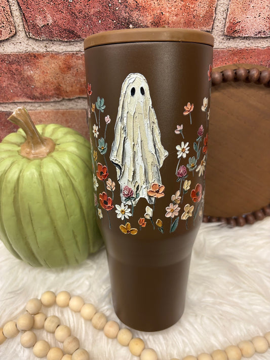Floral Ghost, Brown 40oz Insulated Tumbler with Handle Flip Sipper Straw