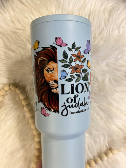 Lion of Judah, Light Blue 40oz Insulated Tumbler with Handle