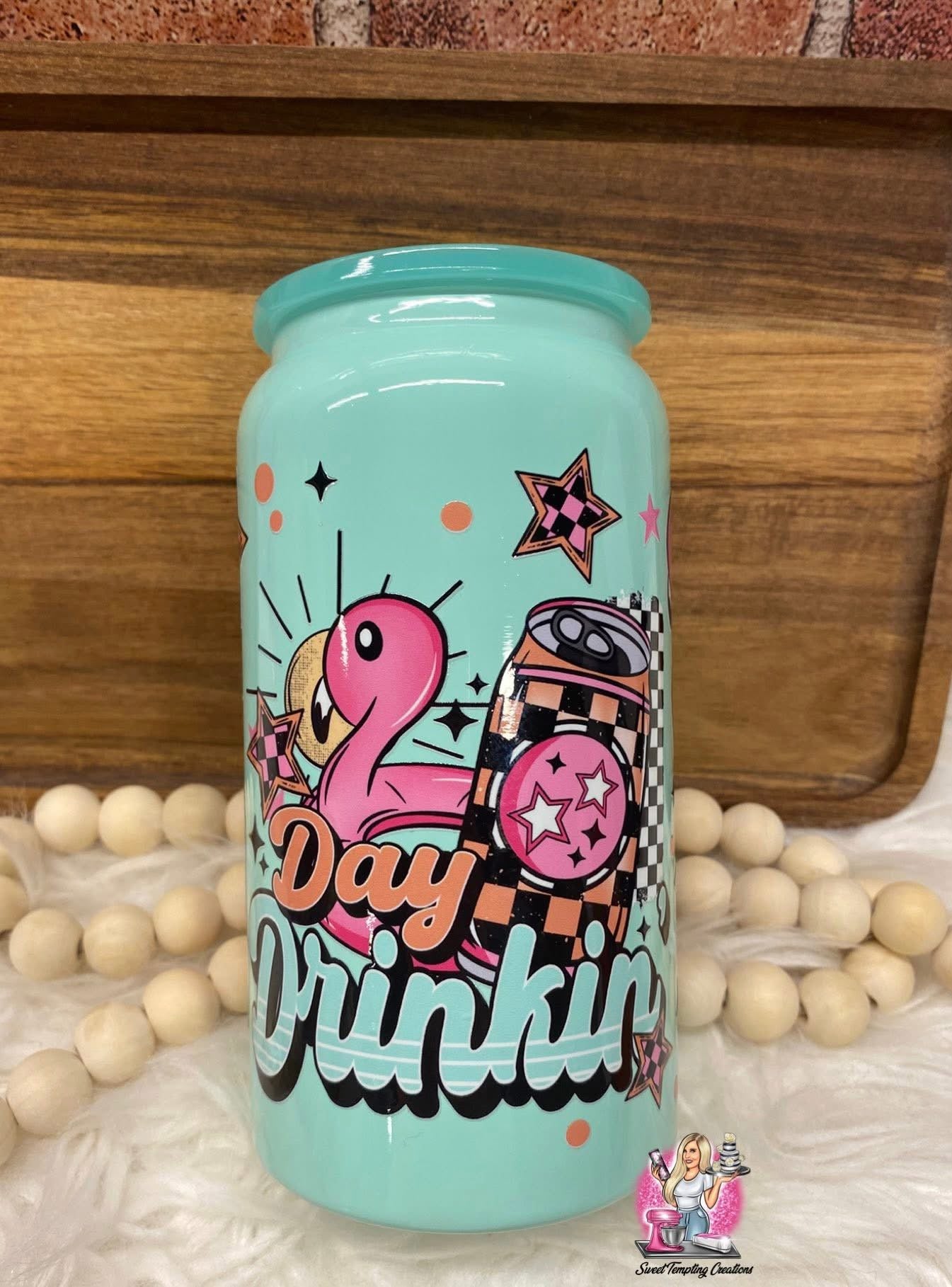 Day Drinking, Turquoise Blue, Custom 16oz Stainless Steel Cup