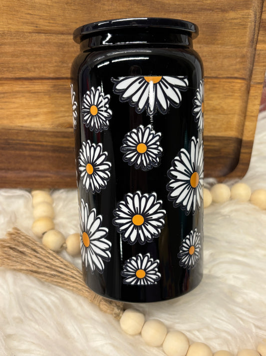 Floral Daisies, Black, Custom 16oz Stainless Steel Cup
