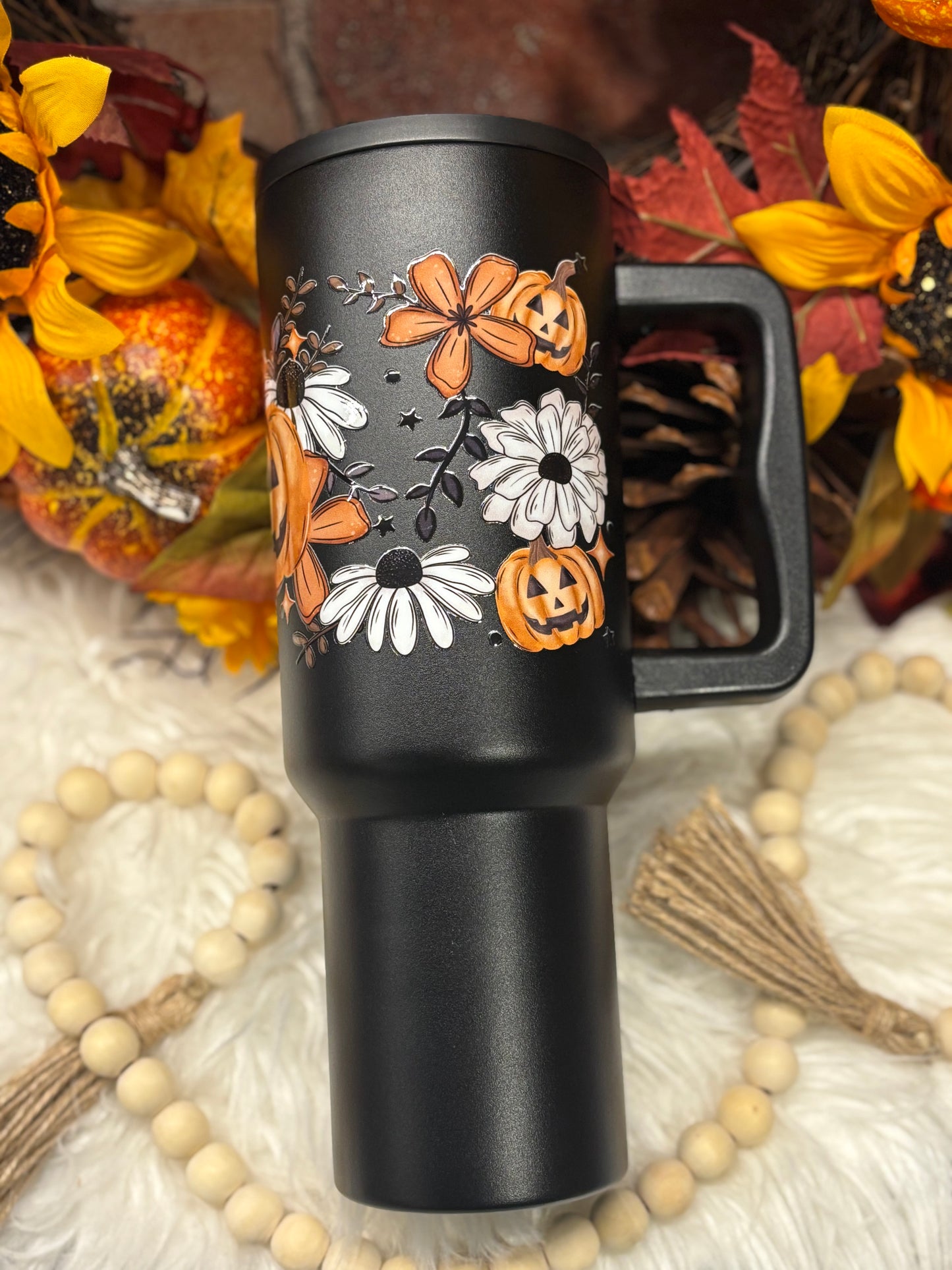 Floral Pumpkin, Black 40oz Insulated Tumbler with Handle