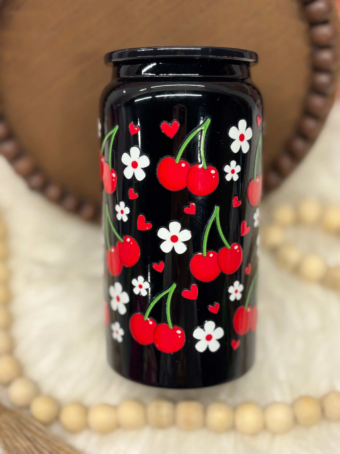 Floral Cherries, Black, 16oz Stainless Steel Cup