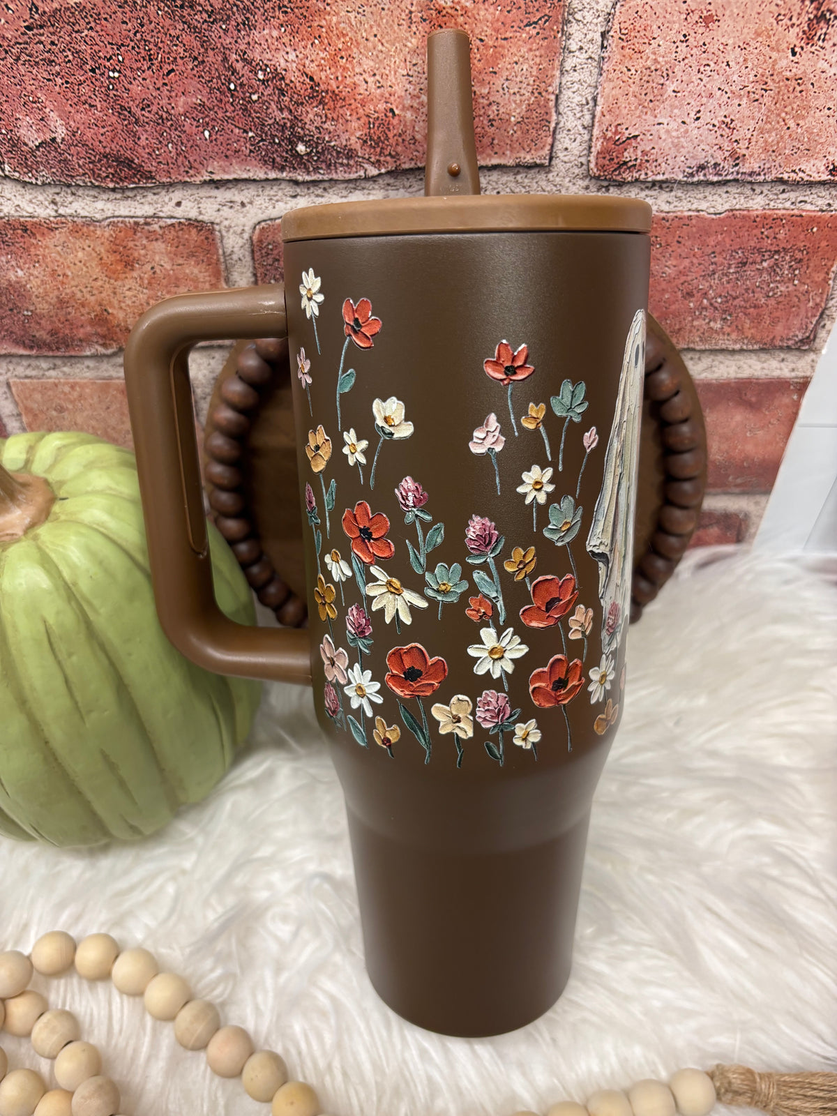 Floral Ghost, Brown 40oz Insulated Tumbler with Handle Flip Sipper Straw