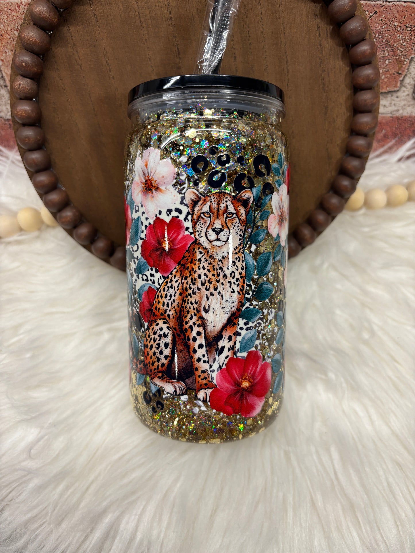 Cheetah & Red Floral Snowglobe Cup Boujee Bubbles Glitter