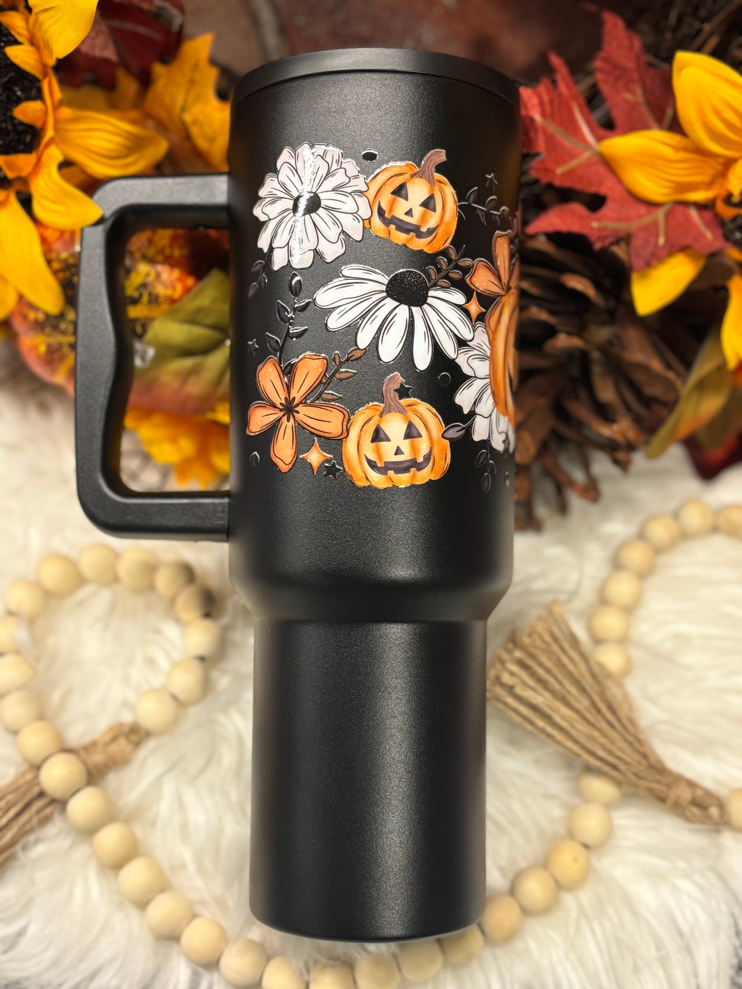 Floral Pumpkin, Black 40oz Insulated Tumbler with Handle