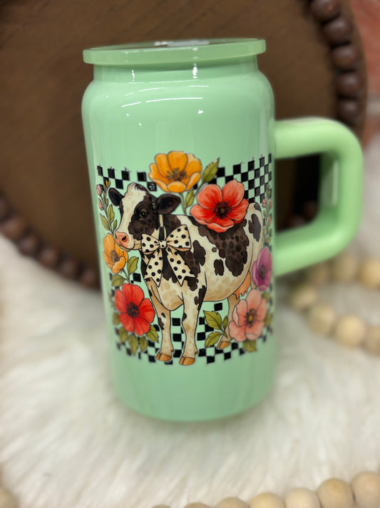Country Cow, Green, 16oz Stainless Steel Cup with Handle