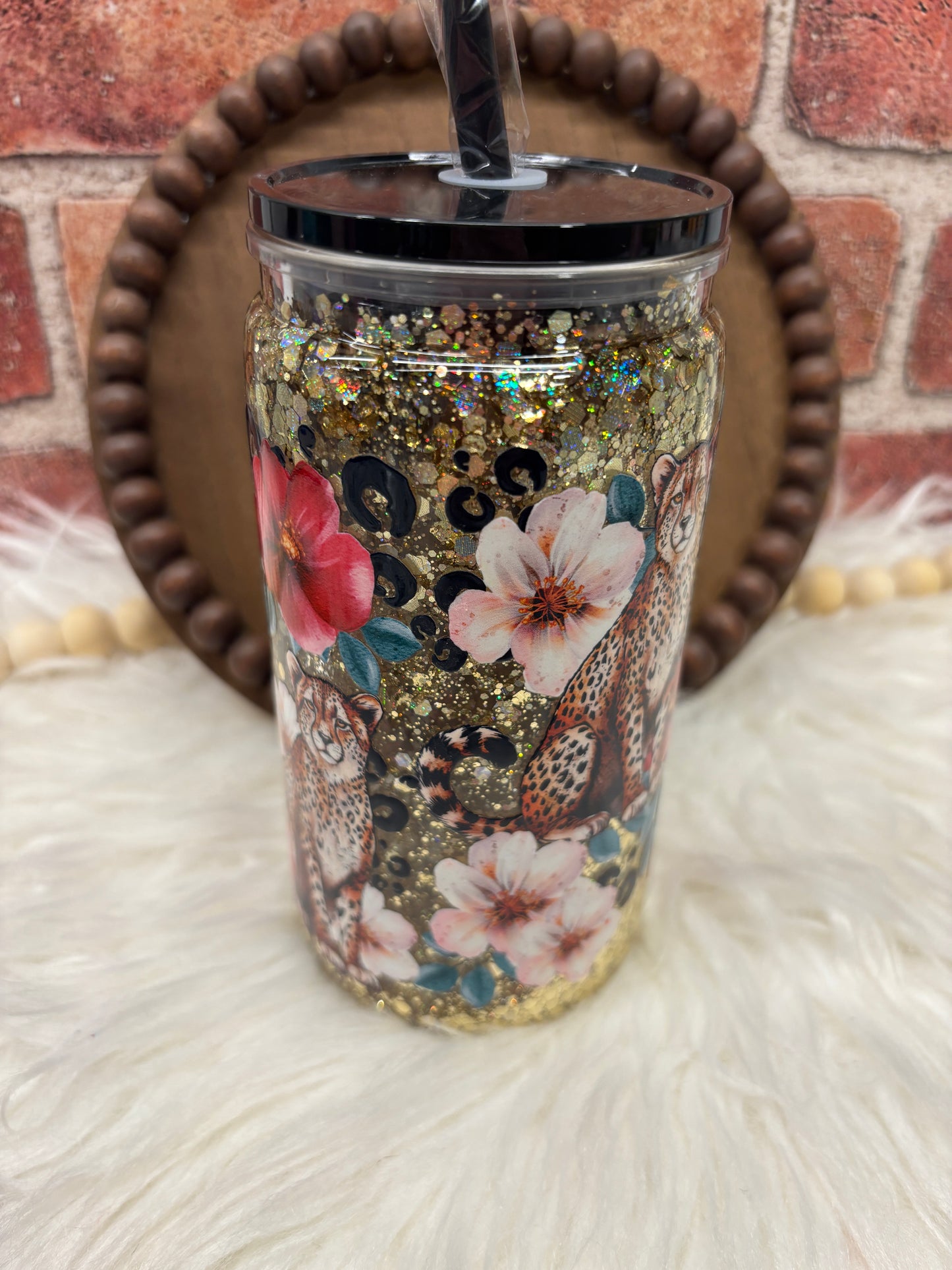 Cheetah & Red Floral Snowglobe Cup Boujee Bubbles Glitter