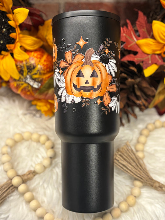 Floral Pumpkin, Black 40oz Insulated Tumbler with Handle