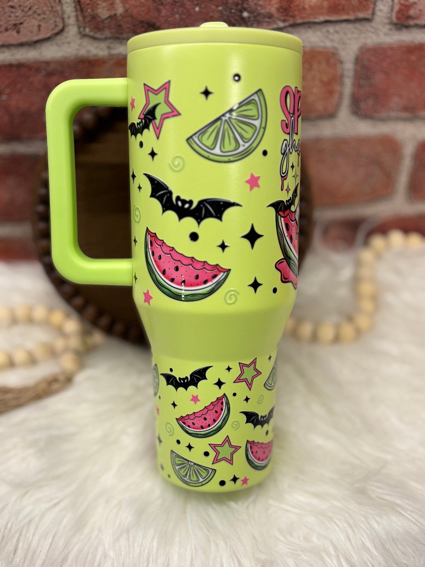 Spooky Ghouls Summer, Lime Green 40oz Insulated Tumbler with Handle Flip Sipper Straw