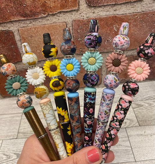 Sunflower flower floral silicone beaded ballpoint ink pen