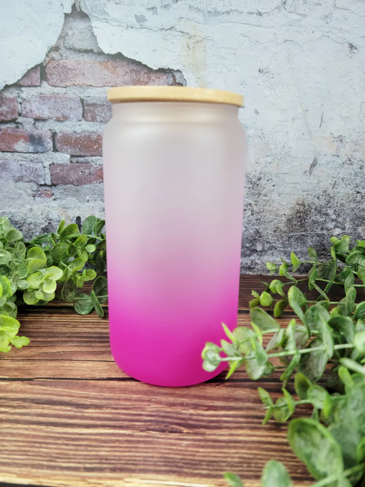 Pink Ombre Glass Frosted Can with bamboo lid