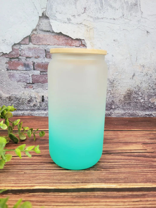 Mint Ombre Glass Frosted Can with bamboo lid
