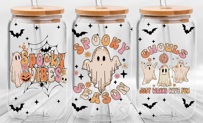 Spooky Season 16oz clear glass can with bamboo lid