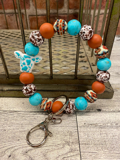 Western Blue Cow silicone beaded wristlet keychain
