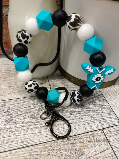 Blue Aztec Cow silicone wristlet keychain