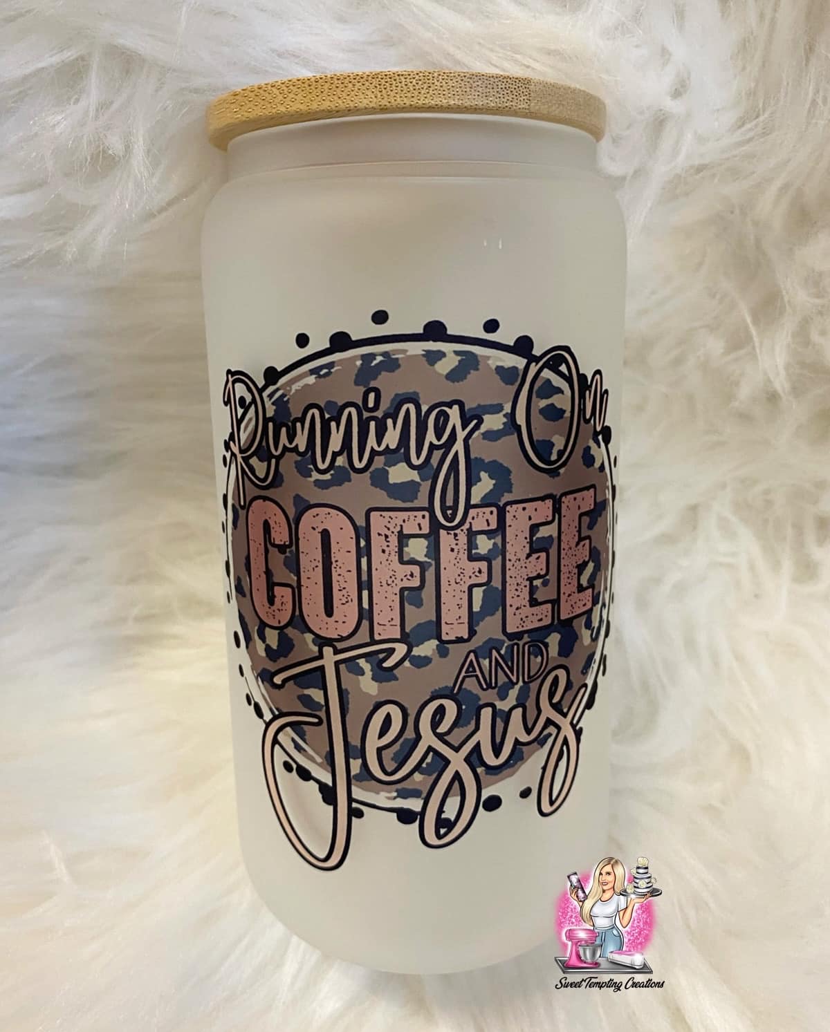 Running on Coffee and Jesus 16oz frosted glass can with bamboo lid