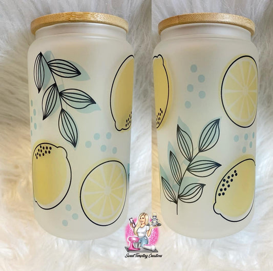 Lemon 16oz frosted glass can with bamboo lid