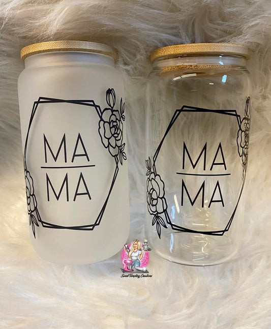 MAMA 16oz frosted or clear glass can with bamboo lid