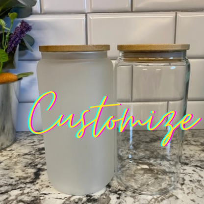 Customize 16oz frosted or clear glass can with bamboo lid