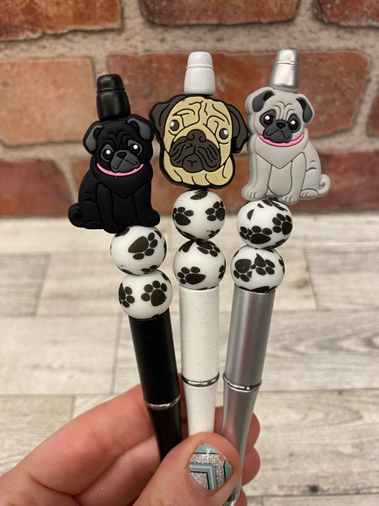 Pug dog silicone beaded ballpoint ink pen